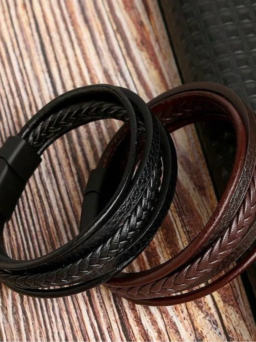 Men's Brown Braided Vegan Leather Bracelet with Black Magnetic Clasp